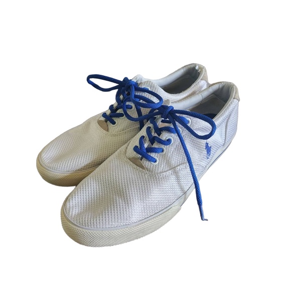 Polo Ralph Lauren Sneakers Mens Size 9.5D White Blue‎ Vaughn Canvas Logo Preppy - Picture 1 of 10